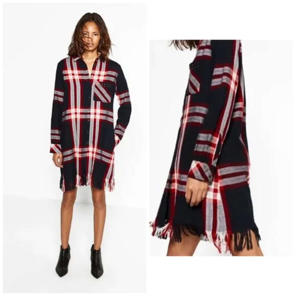 *NWT* Zara Basic Plaid Fringe Hem‎ Stud Pocket Detail Winter Casual Dress Red